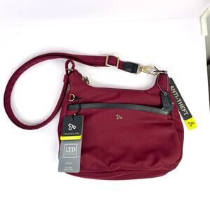Travelon Women's Hobo Crossbody Bag Purse Burgundy Red Nylon Zip NEW